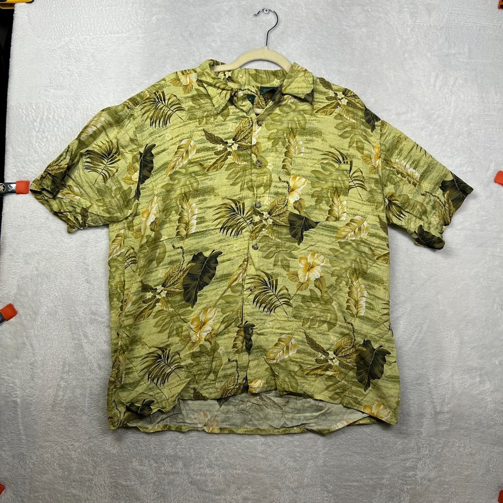 Scandia Woods Hawaiian Shirt Men's Green Floral Tropical Rayon Short Sleeve - XL